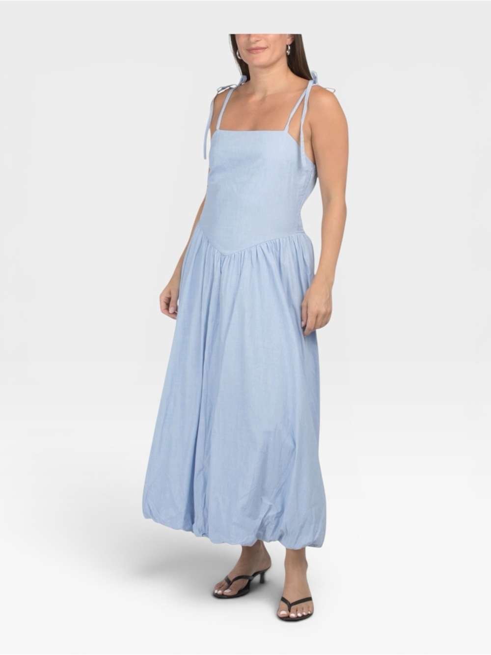 NWT TULIP  100% Cotton V Waist Light Blue Tie-Shoulder Maxi Dress SMALL